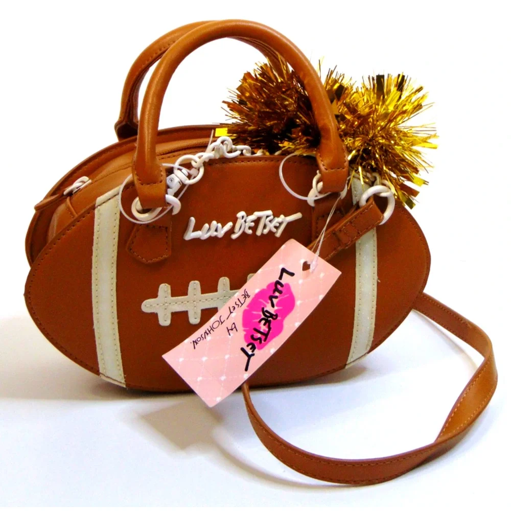 Betsey Johnson Football Bag Brown & White Mini Satchel Luv Betsey Novelty Purse - Picture 2 of 16
